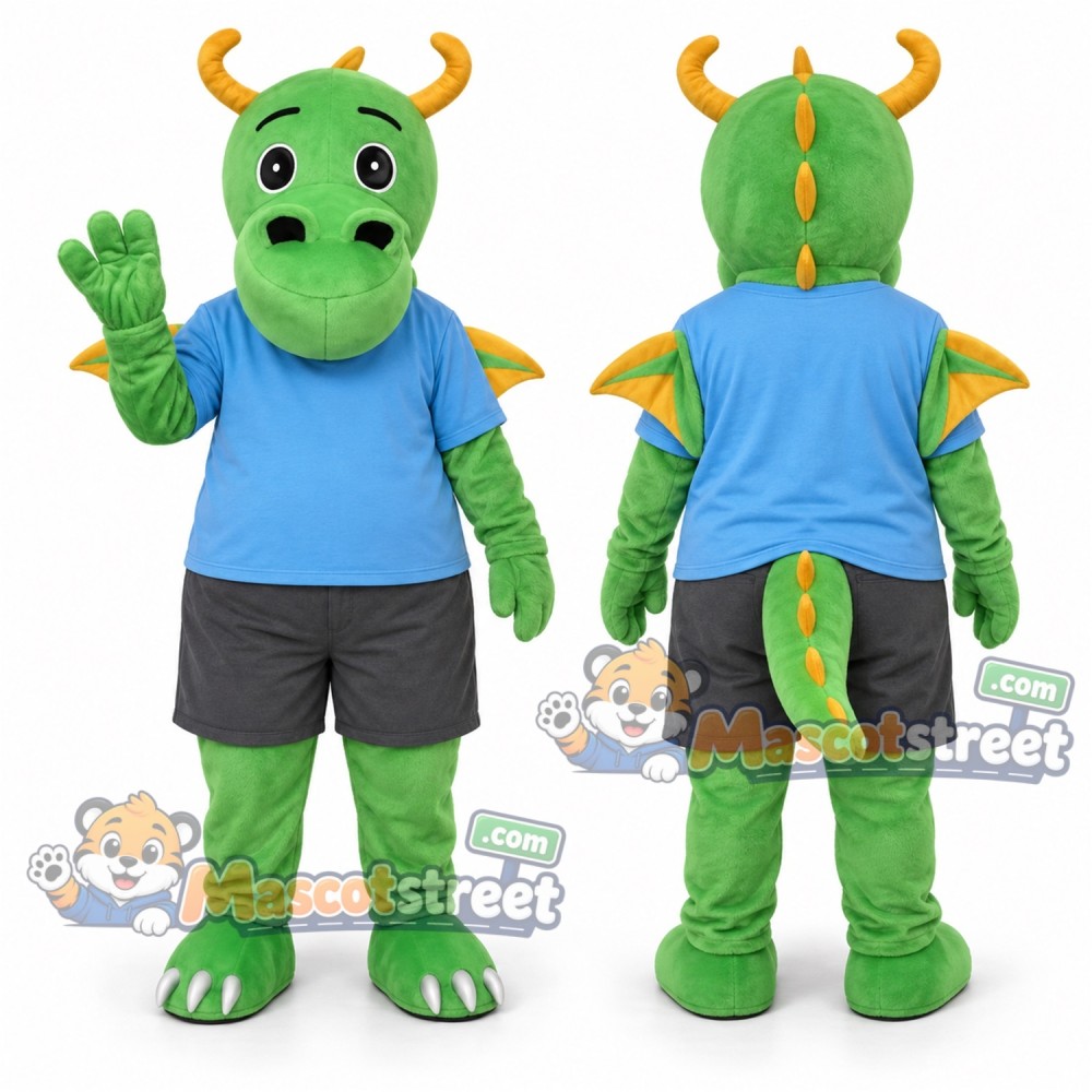 Green Dragon Mascot Costume with Blue Shirt and Gray Shorts Green Dragon Mascot Costume with Blue Shirt and Gray Shorts