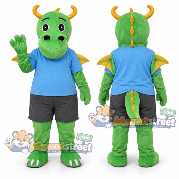 Green Dragon Mascot Costume with Blue Shirt and Gray Shorts