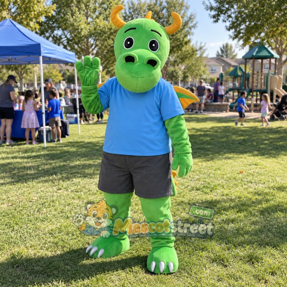 Green Dragon Mascot Costume with Blue Shirt and Gray Shorts Green Dragon Mascot Costume with Blue Shirt and Gray Shorts