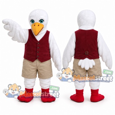 White Seagull Mascot Costume with Burgundy Vest and Khaki Shorts White Seagull Mascot Costume with Burgundy Vest and Khaki Shorts