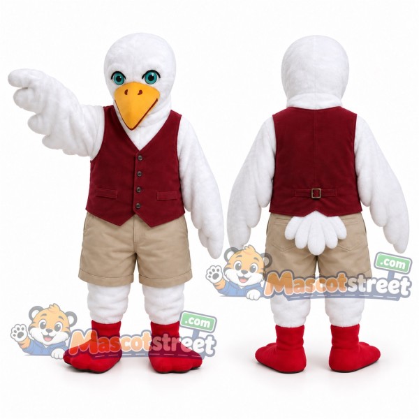 White Seagull Mascot Costume with Burgundy Vest and Khaki Shorts