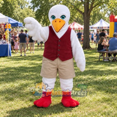 White Seagull Mascot Costume with Burgundy Vest and Khaki Shorts White Seagull Mascot Costume with Burgundy Vest and Khaki Shorts