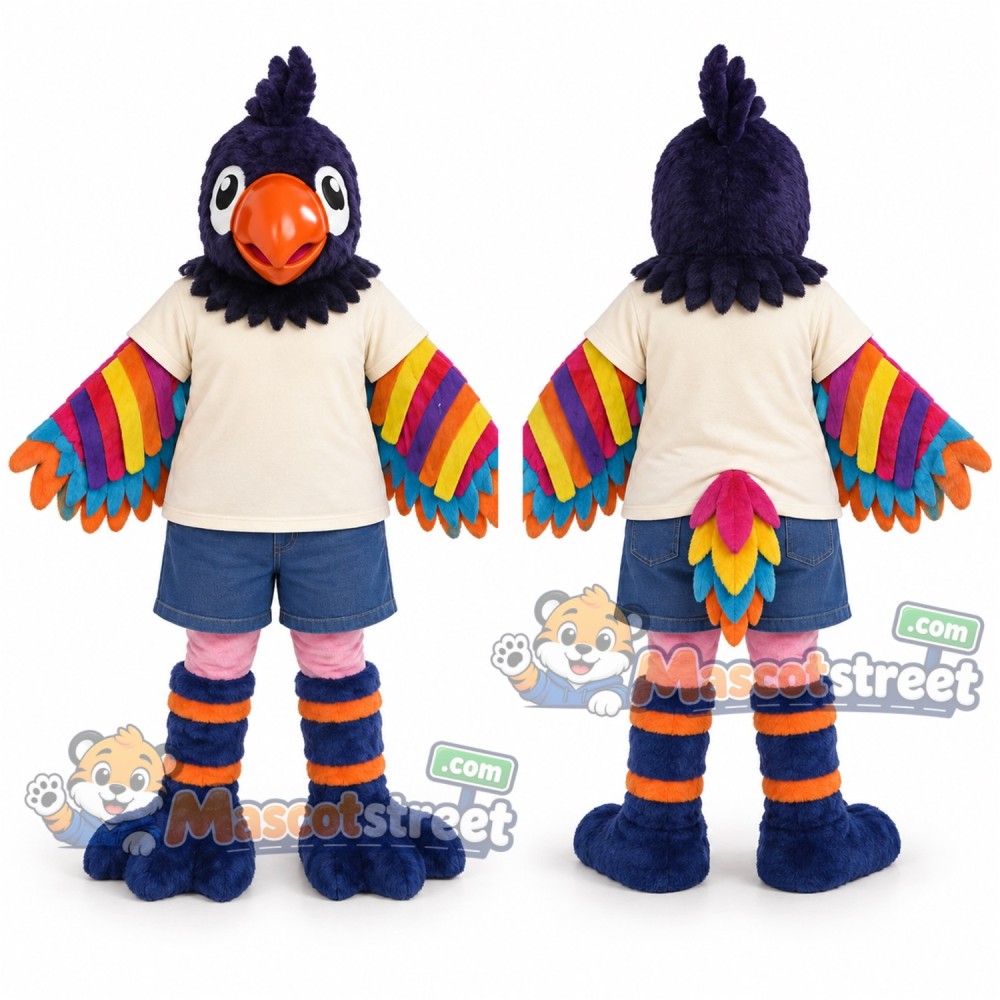 Blue Parrot Mascot Costume with Cream Shirt and Blue Shorts Blue Parrot Mascot Costume with Cream Shirt and Blue Shorts