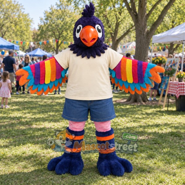 Blue Parrot Mascot Costume with Cream Shirt and Blue Shorts