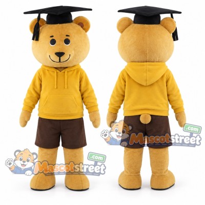 Tan Bear Mascot Costume with Yellow Hoodie and Graduation Cap