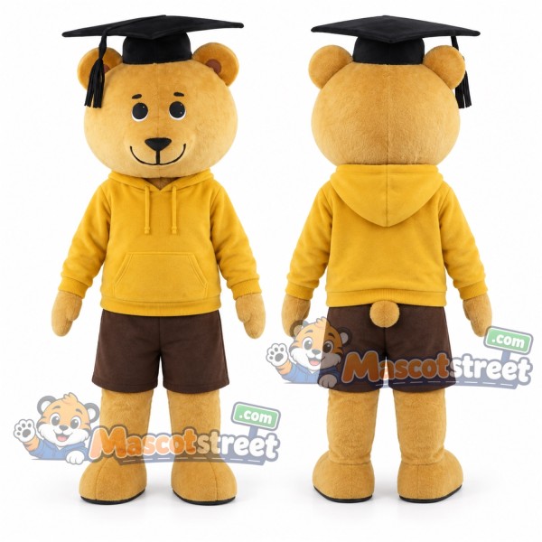Tan Bear Mascot Costume with Yellow Hoodie and Graduation Cap