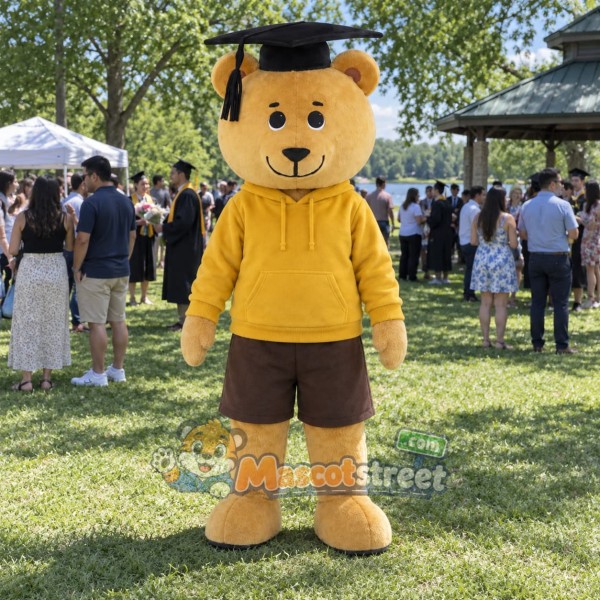Tan Bear Mascot Costume with Yellow Hoodie and Graduation Cap