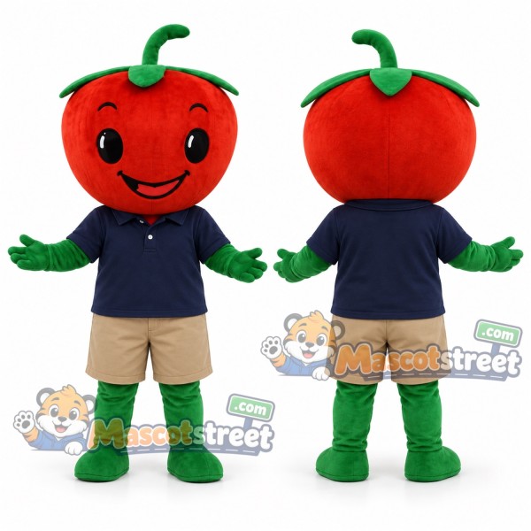 Red Tomato Mascot Costume with Navy Shirt and Khaki Shorts