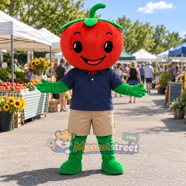 Red Tomato Mascot Costume with Navy Shirt and Khaki Shorts