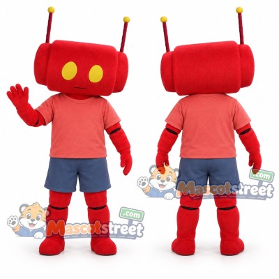 Red Robot Mascot Costume with Coral Shirt and Blue Shorts Red Robot Mascot Costume with Coral Shirt and Blue Shorts