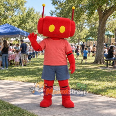 Red Robot Mascot Costume with Coral Shirt and Blue Shorts Red Robot Mascot Costume with Coral Shirt and Blue Shorts