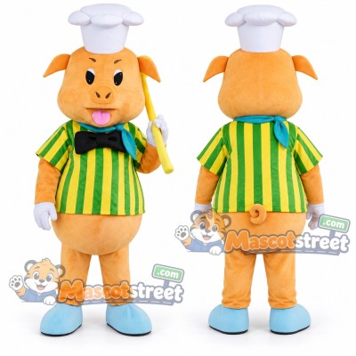 Pig Chef Mascot Costume with Striped Shirt and White Chef Hat