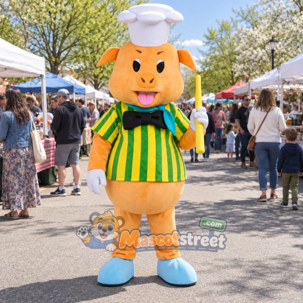 Pig Chef Mascot Costume with Striped Shirt and White Chef Hat