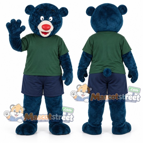 Navy Bear Mascot Costume with Green Shirt and Navy Shorts