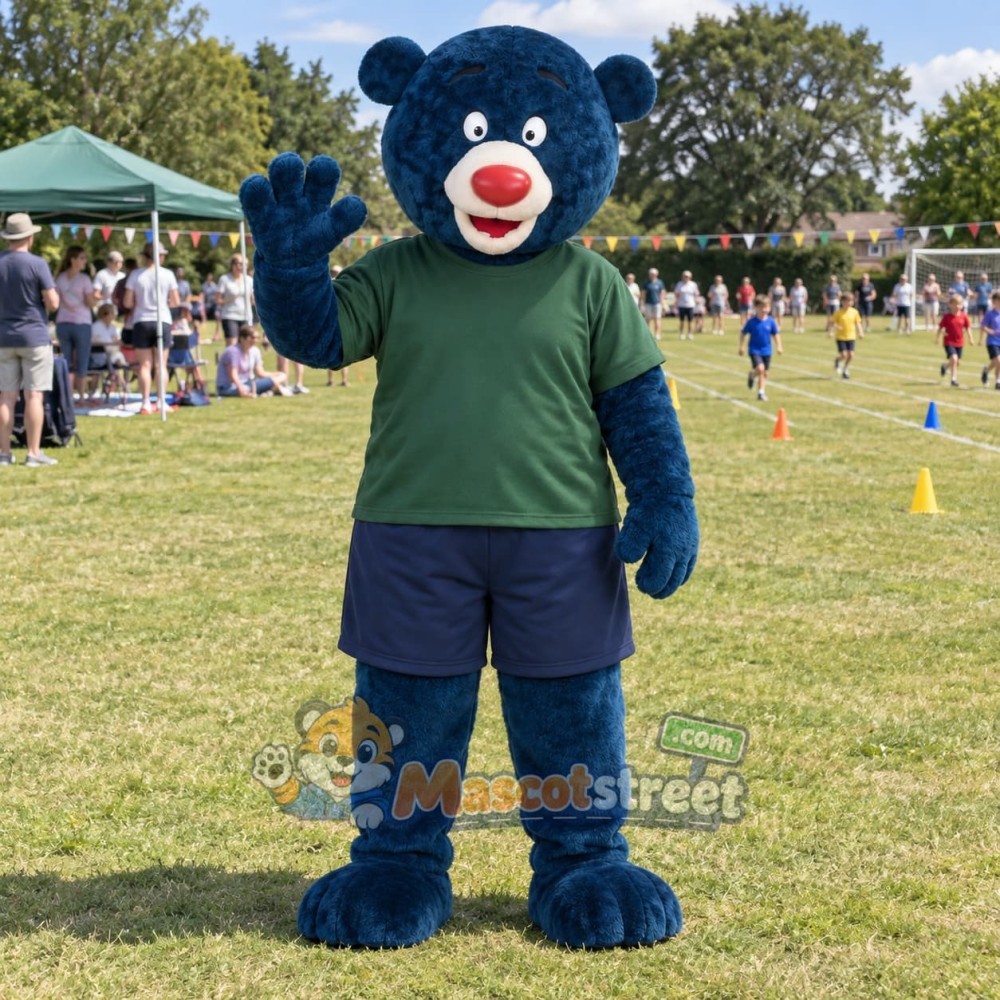 Navy Bear Mascot Costume with Green Shirt and Navy Shorts Navy Bear Mascot Costume with Green Shirt and Navy Shorts