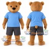 Tan Bear Mascot Costume with Blue Shirt and Gray Shorts