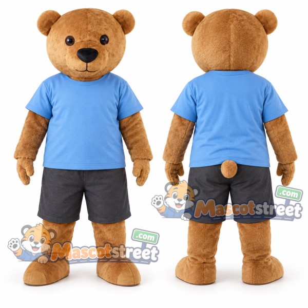 Tan Bear Mascot Costume with Blue Shirt and Gray Shorts