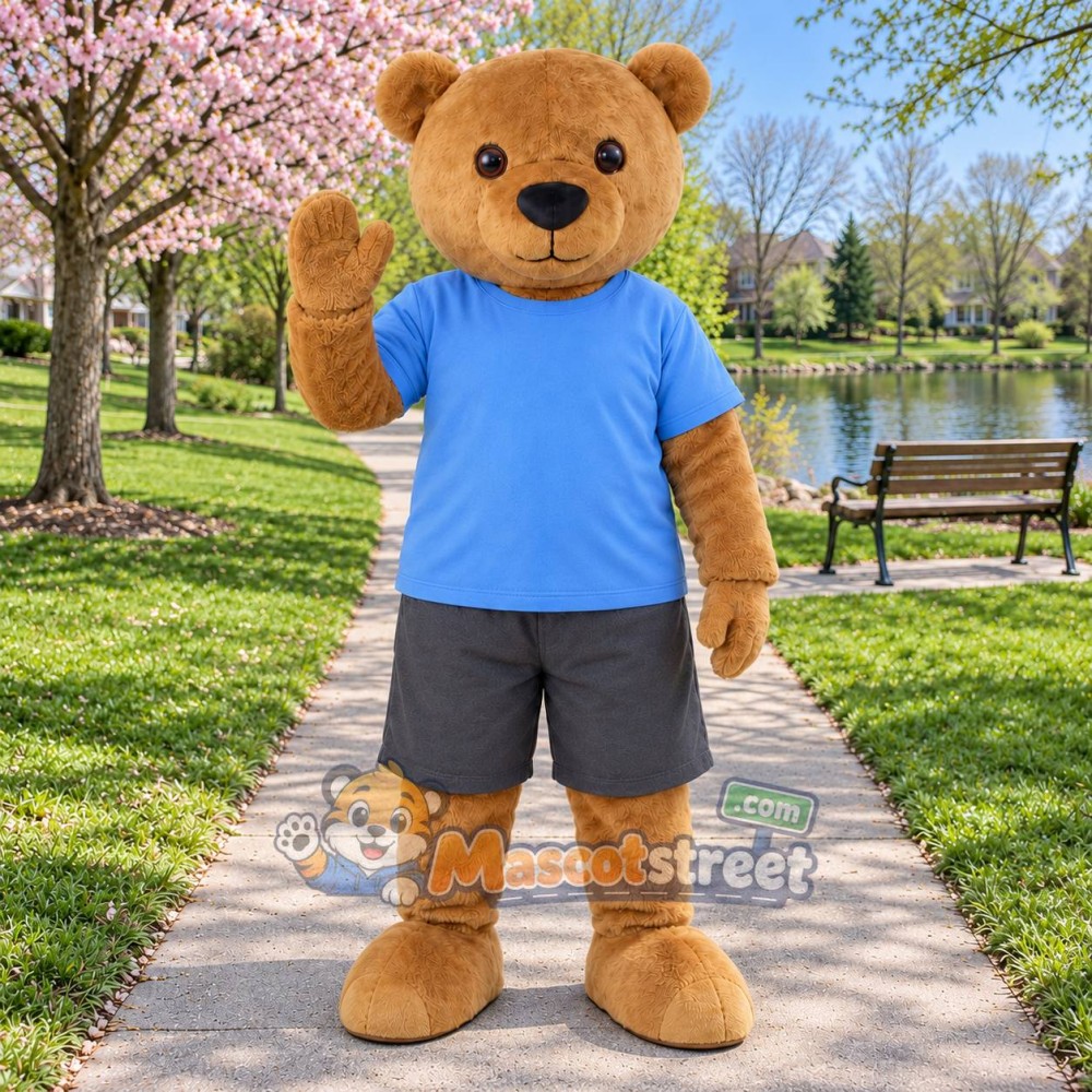 Tan Bear Mascot Costume with Blue Shirt and Gray Shorts