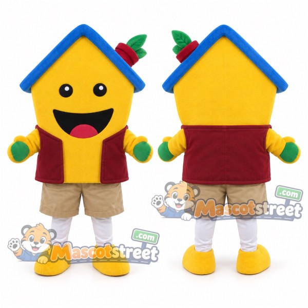Yellow House Mascot Costume with Burgundy Vest and Khaki Shorts