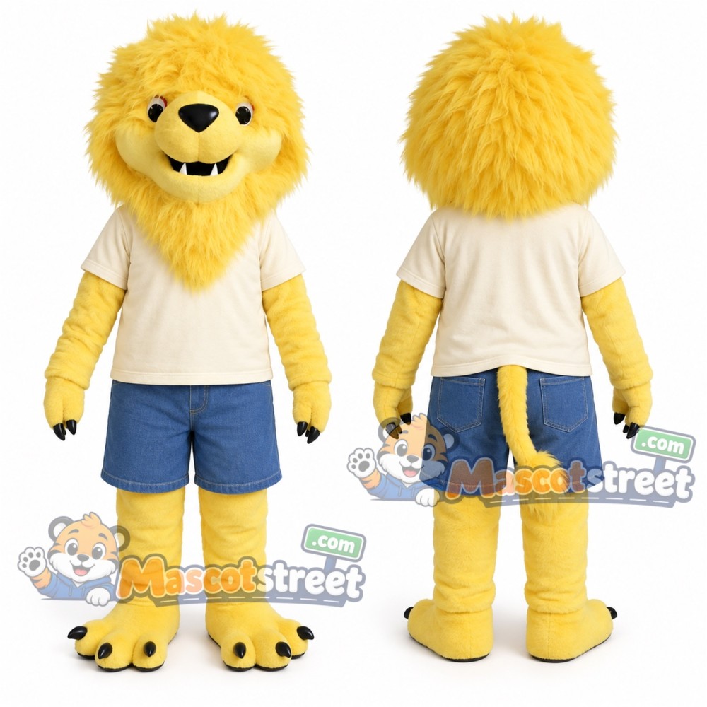 Yellow Lion Mascot Costume with Cream Shirt and Blue Shorts Yellow Lion Mascot Costume with Cream Shirt and Blue Shorts