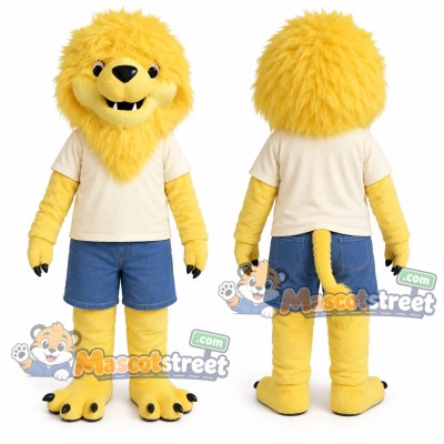 Yellow Lion Mascot Costume with Cream Shirt and Blue Shorts Yellow Lion Mascot Costume with Cream Shirt and Blue Shorts