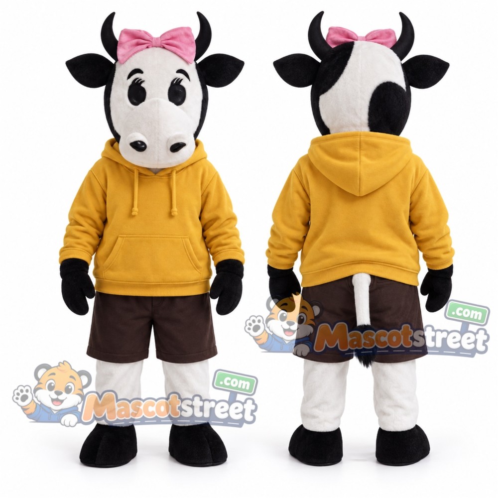Black and White Cow Mascot Costume with Yellow Hoodie and Brown Shorts