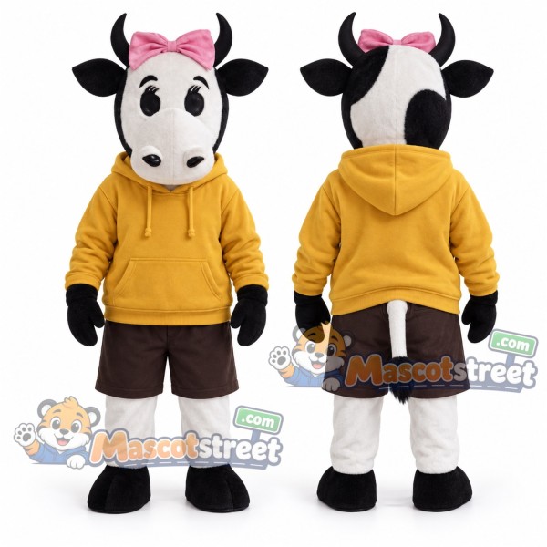 Black and White Cow Mascot Costume with Yellow Hoodie and Brown Shorts