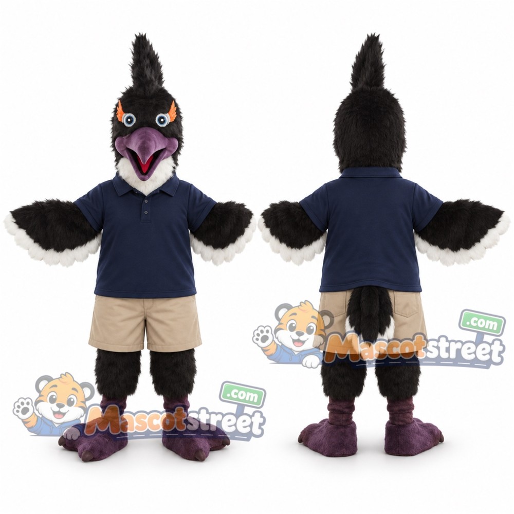Black Bird Mascot Costume with Navy Shirt and Khaki Shorts Black Bird Mascot Costume with Navy Shirt and Khaki Shorts