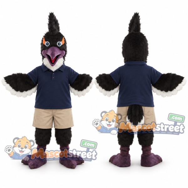 Black Bird Mascot Costume with Navy Shirt and Khaki Shorts