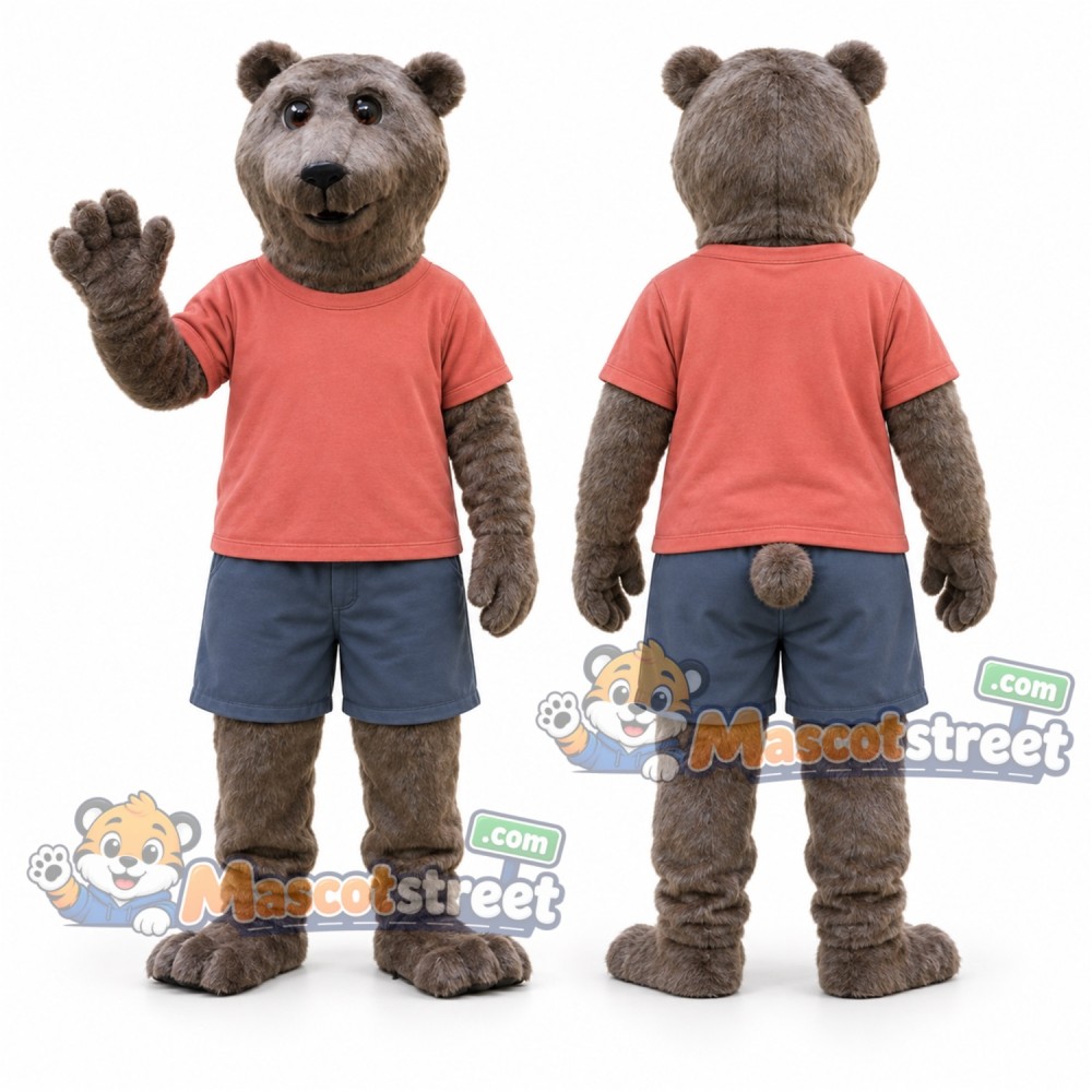 Brown Bear Mascot Costume with Coral Shirt and Blue Shorts Brown Bear Mascot Costume with Coral Shirt and Blue Shorts