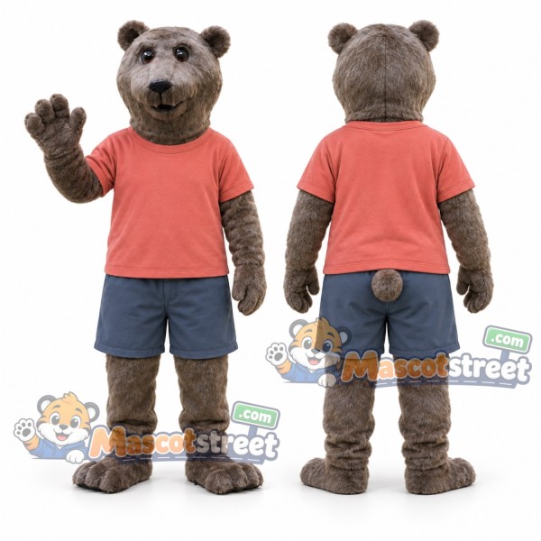 Brown Bear Mascot Costume with Coral Shirt and Blue Shorts