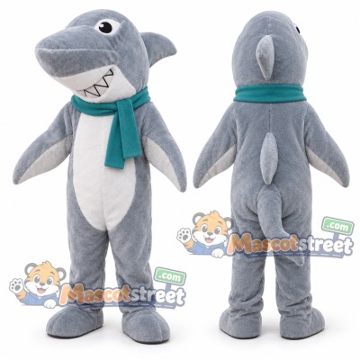Gray Shark Mascot Costume with Teal Scarf Gray Shark Mascot Costume with Teal Scarf