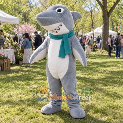 Gray Shark Mascot Costume with Teal Scarf Gray Shark Mascot Costume with Teal Scarf
