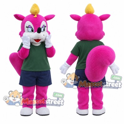 Pink Squirrel Mascot Costume with Green Shirt and Navy Shorts Pink Squirrel Mascot Costume with Green Shirt and Navy Shorts