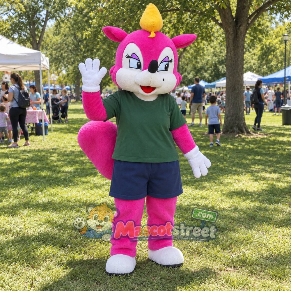 Pink Squirrel Mascot Costume with Green Shirt and Navy Shorts