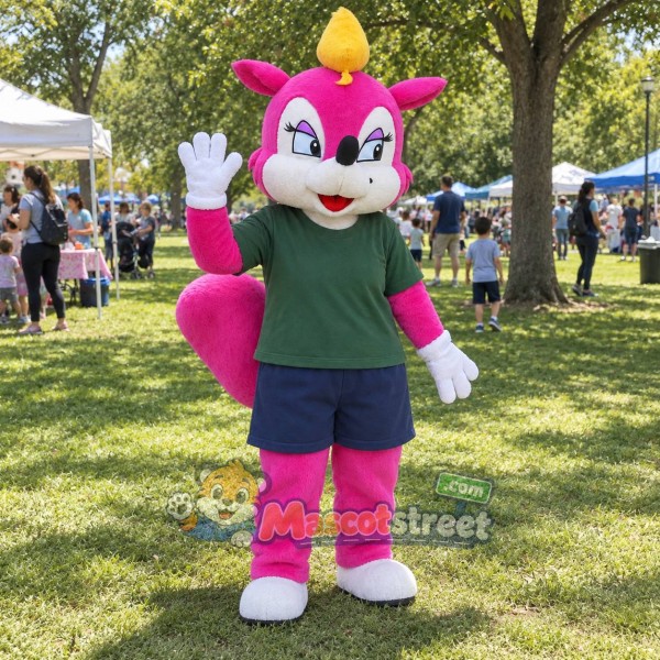 Pink Squirrel Mascot Costume with Green Shirt and Navy Shorts