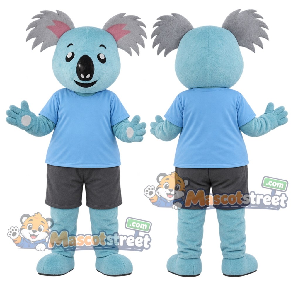 Blue Koala Mascot Costume with Blue Shirt and Gray Shorts Blue Koala Mascot Costume with Blue Shirt and Gray Shorts