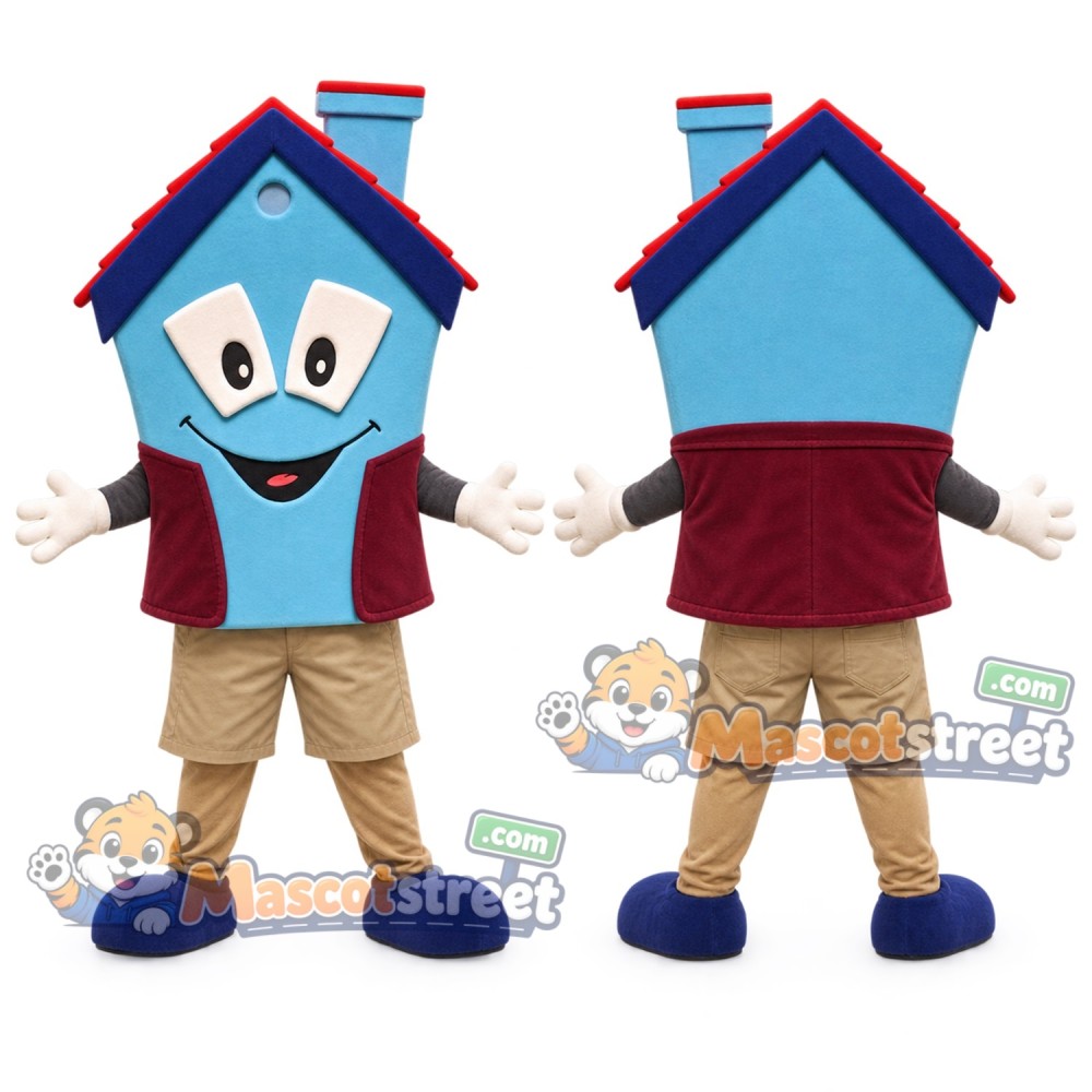 Blue House Mascot Costume with Burgundy Vest and Khaki Pants Blue House Mascot Costume with Burgundy Vest and Khaki Pants