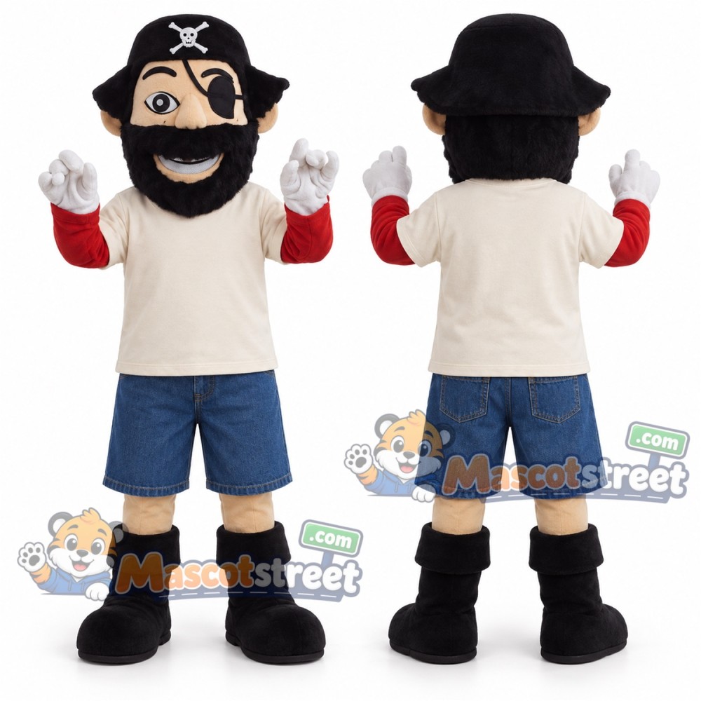 Pirate Mascot Costume with Cream Shirt and Black Tricorn Hat Pirate Mascot Costume with Cream Shirt and Black Tricorn Hat
