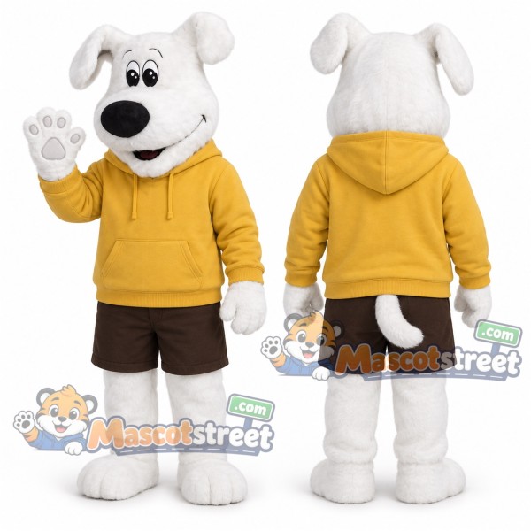 White Dog Mascot Costume with Yellow Hoodie and Brown Shorts