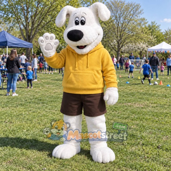 White Dog Mascot Costume with Yellow Hoodie and Brown Shorts