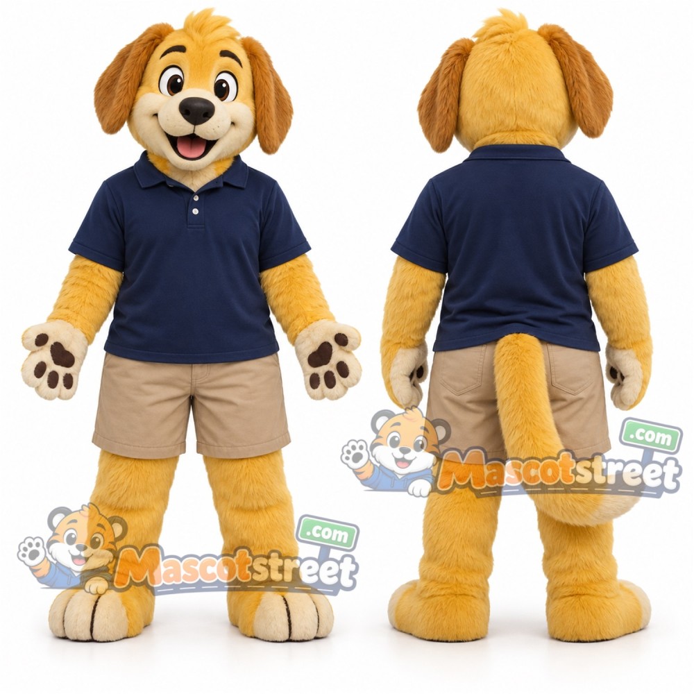 Golden Dog Mascot Costume with Navy Shirt and Khaki Shorts