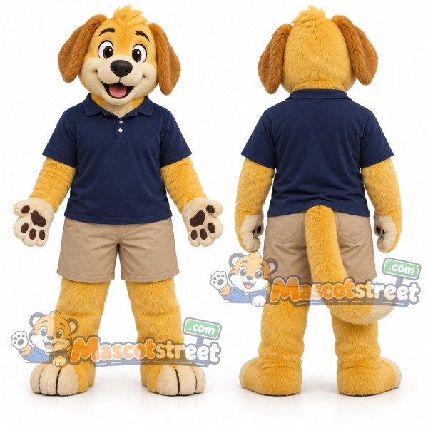 Golden Dog Mascot Costume with Navy Shirt and Khaki Shorts