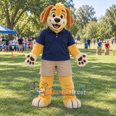 Golden Dog Mascot Costume with Navy Shirt and Khaki Shorts