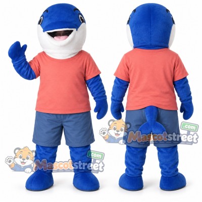 Blue Whale Mascot Costume with Coral Shirt and Blue Shorts Blue Whale Mascot Costume with Coral Shirt and Blue Shorts