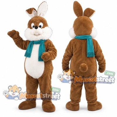 Brown Rabbit Mascot Costume with Teal Scarf