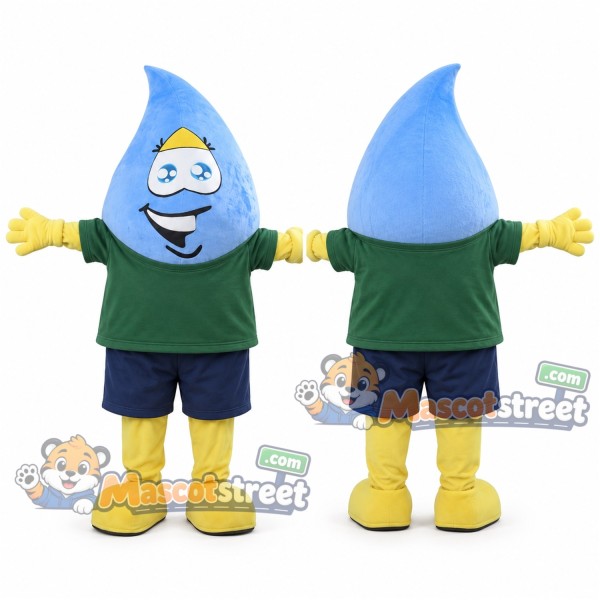Blue Water Drop Mascot Costume with Green Shirt and Navy Shorts