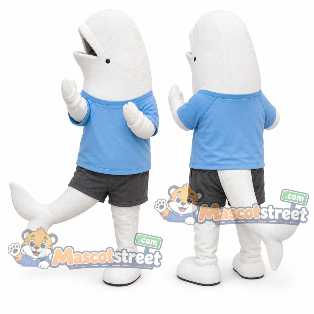 White Beluga Whale Mascot Costume with Blue Shirt and Gray Shorts White Beluga Whale Mascot Costume with Blue Shirt and Gray Shorts