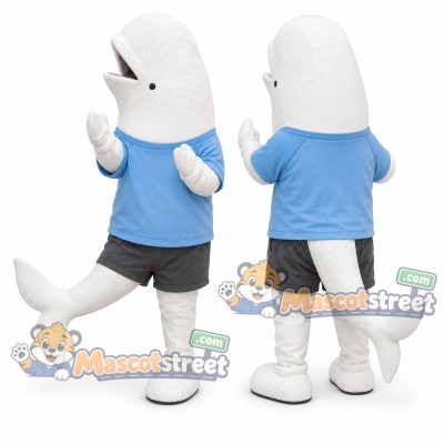 White Beluga Whale Mascot Costume with Blue Shirt and Gray Shorts White Beluga Whale Mascot Costume with Blue Shirt and Gray Shorts
