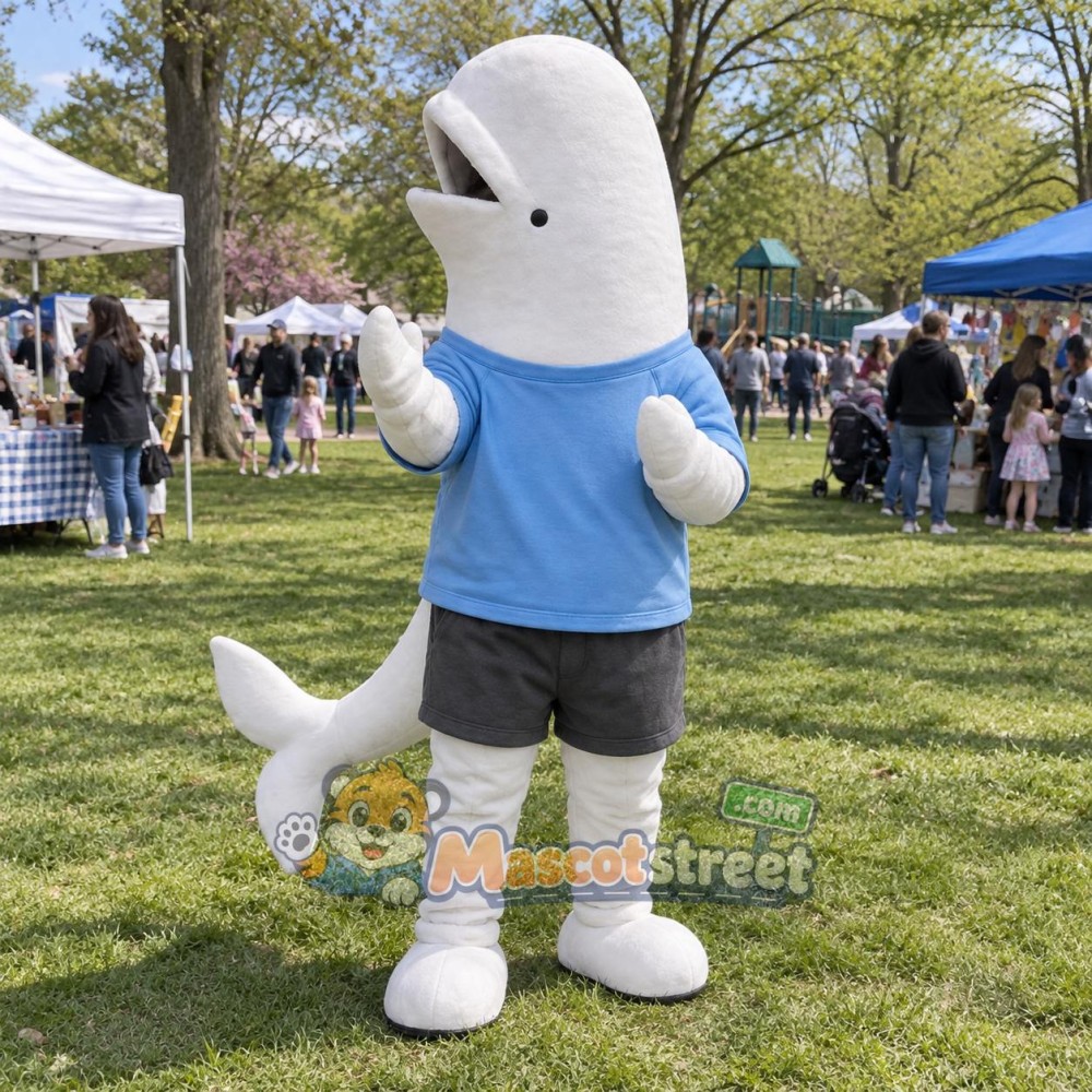 White Beluga Whale Mascot Costume with Blue Shirt and Gray Shorts